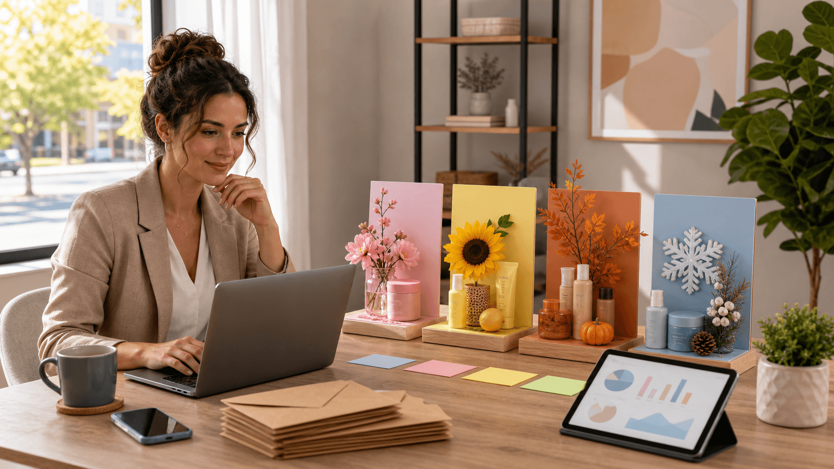 Laptop showing a CRM dashboard beside a calendar and autumn leaves on a warm-toned desk, soft daylight