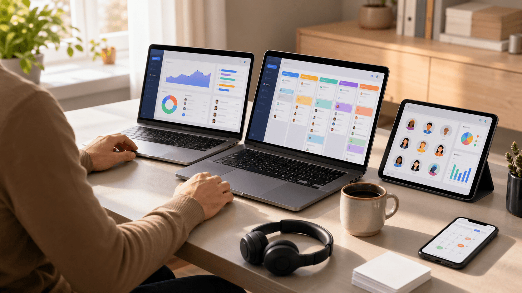 Open laptop showing colorful CRM dashboard on a desk with notebook and coffee, soft daylight and blurred background