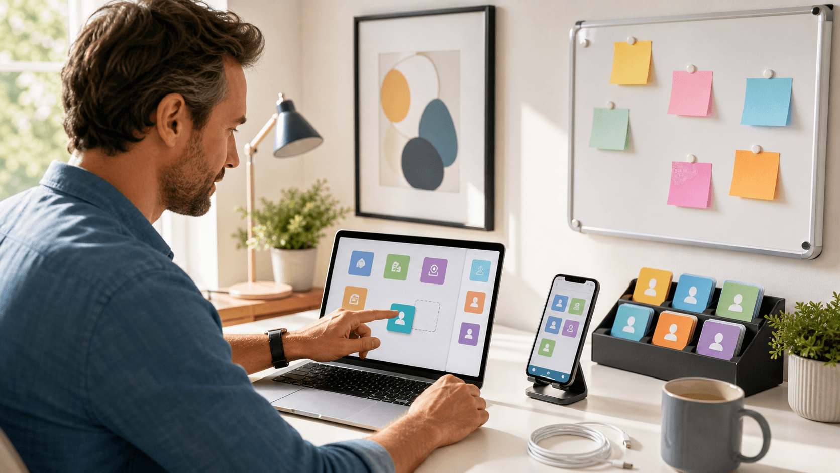 Minimalist laptop on a clean desk with a glowing CRM dashboard, soft blue accents, and warm daylight lighting.
