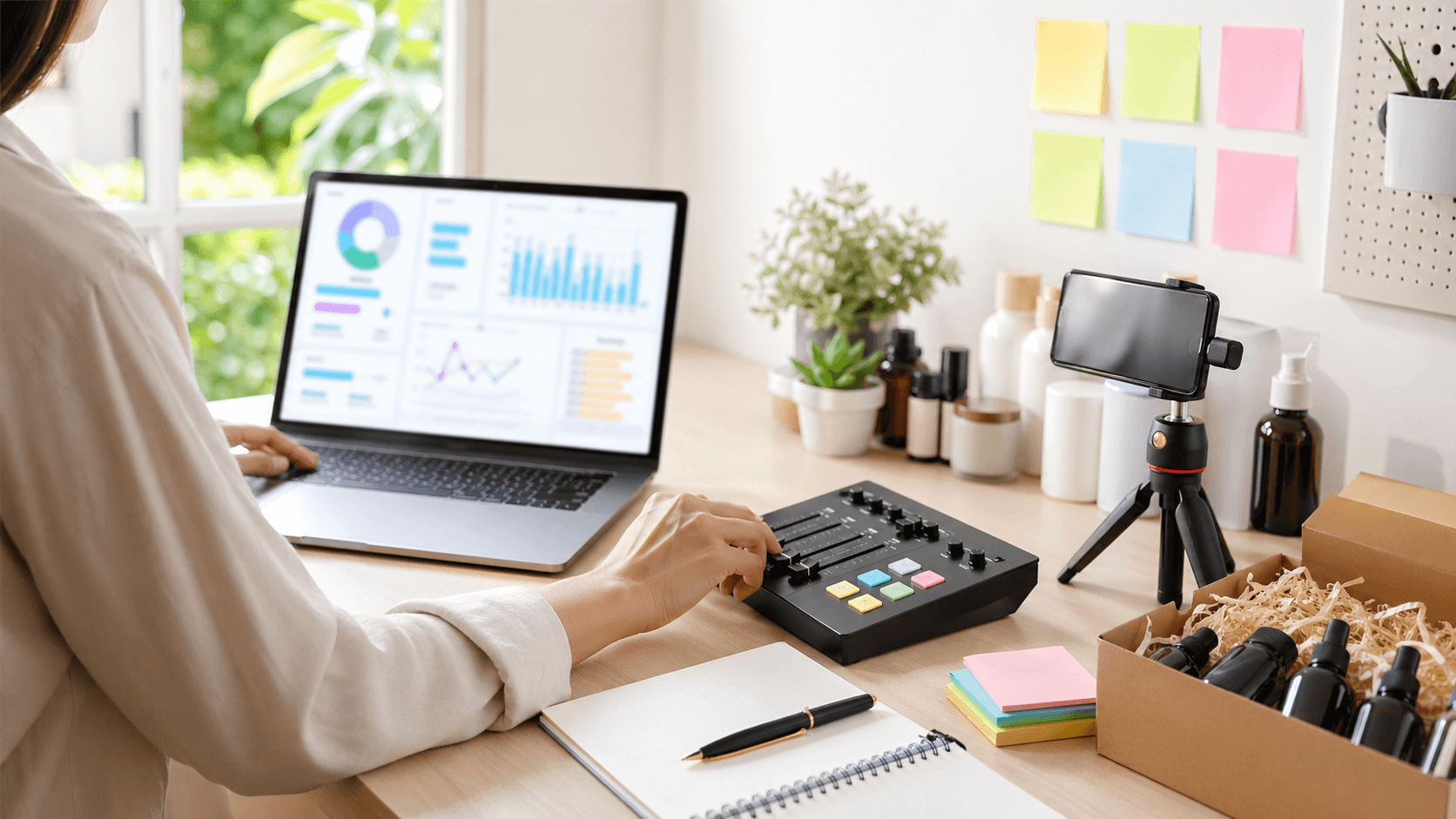 Minimal office desk with laptop, marketing dashboard charts on screen, and small gear icons floating in soft blue light