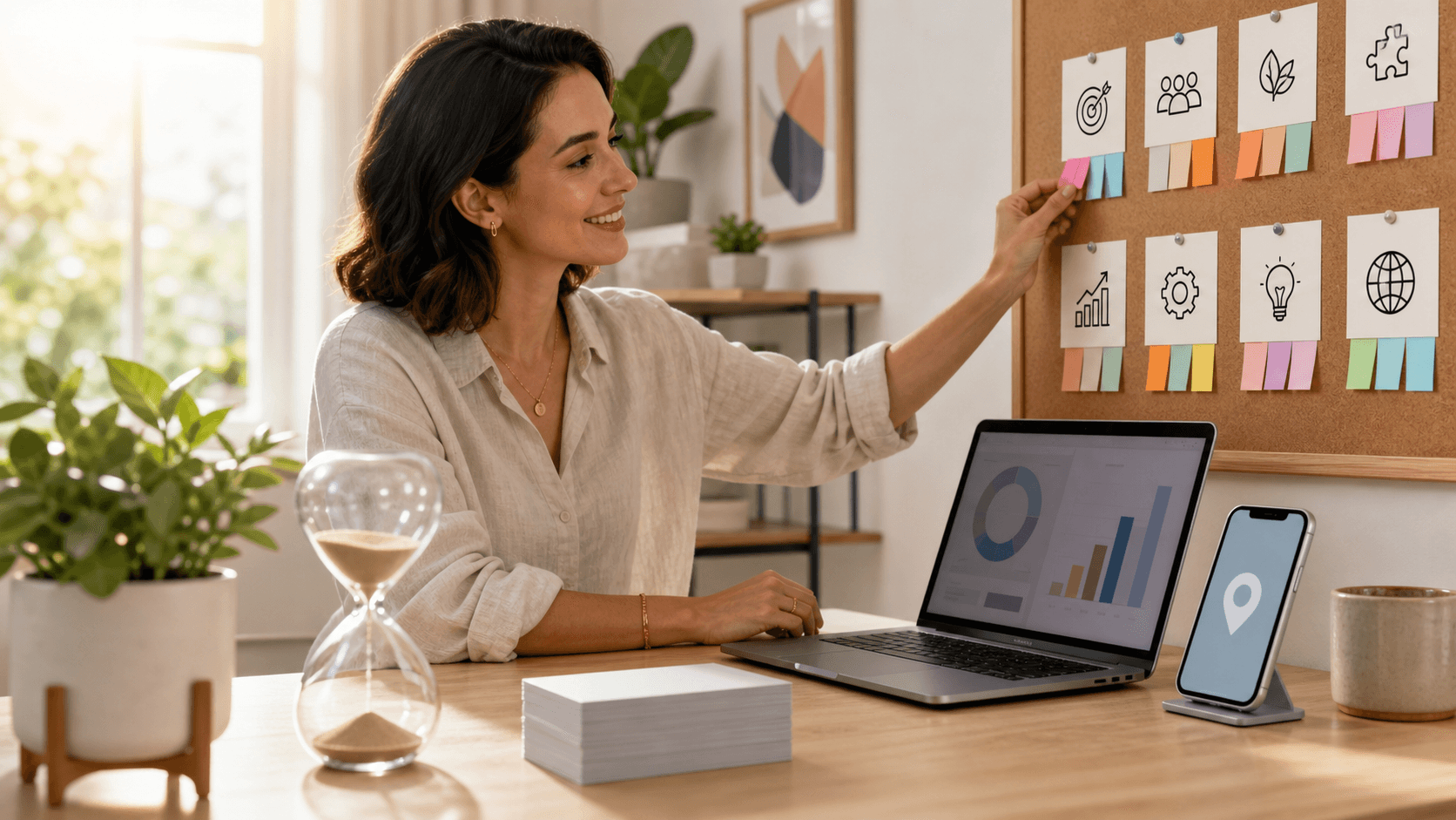 Open laptop beside a coffee cup and notepad, with colorful SEO icons floating above on a bright white desk.