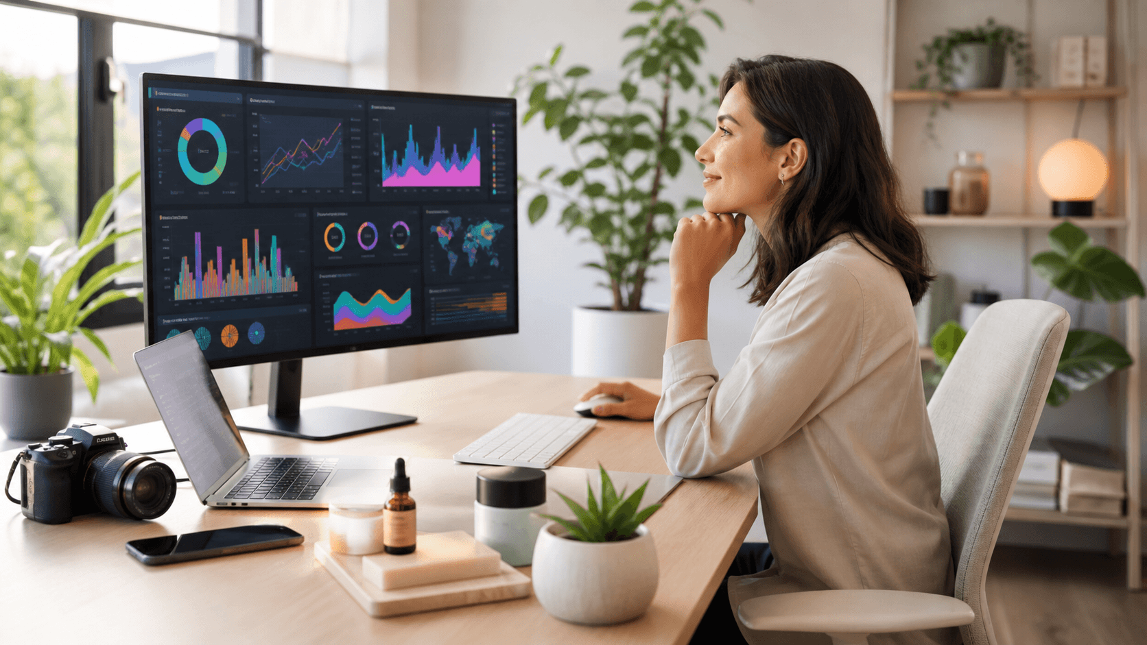 Laptop displaying SEO charts beside a notebook and coffee on a bright, minimalist desk.