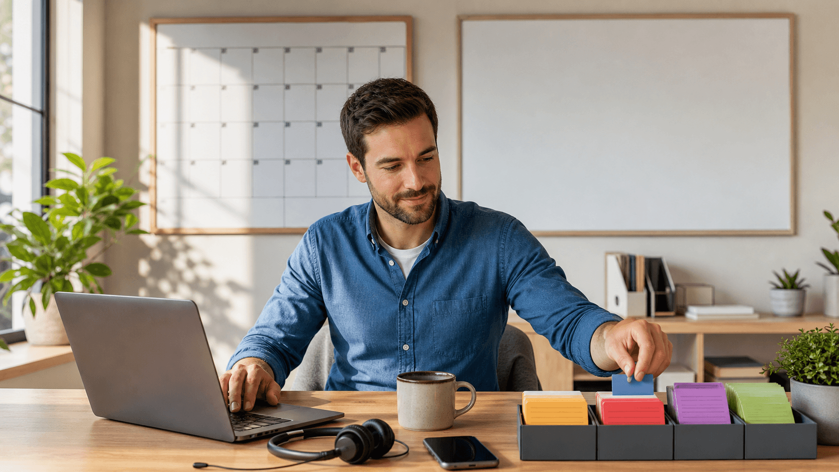 Solo worker at a laptop amid floating CRM icons and charts on a blue gradient background, clean modern illustration.