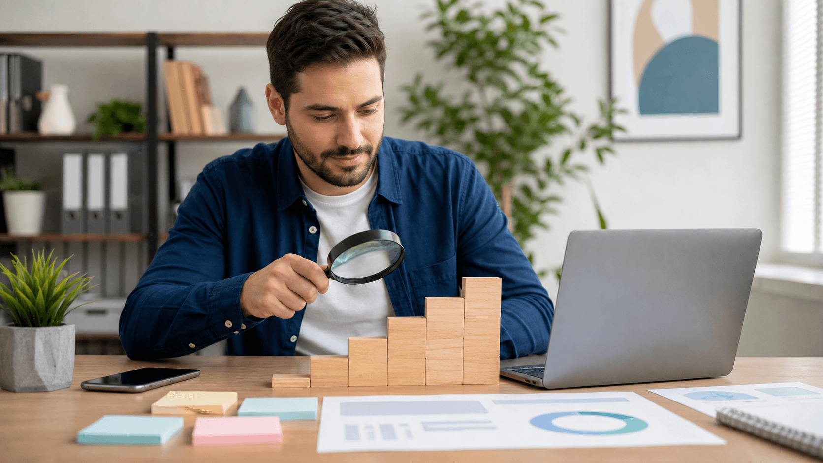 Minimal desk scene with a laptop showing analytics, magnifying glass, and sticky notes under warm light