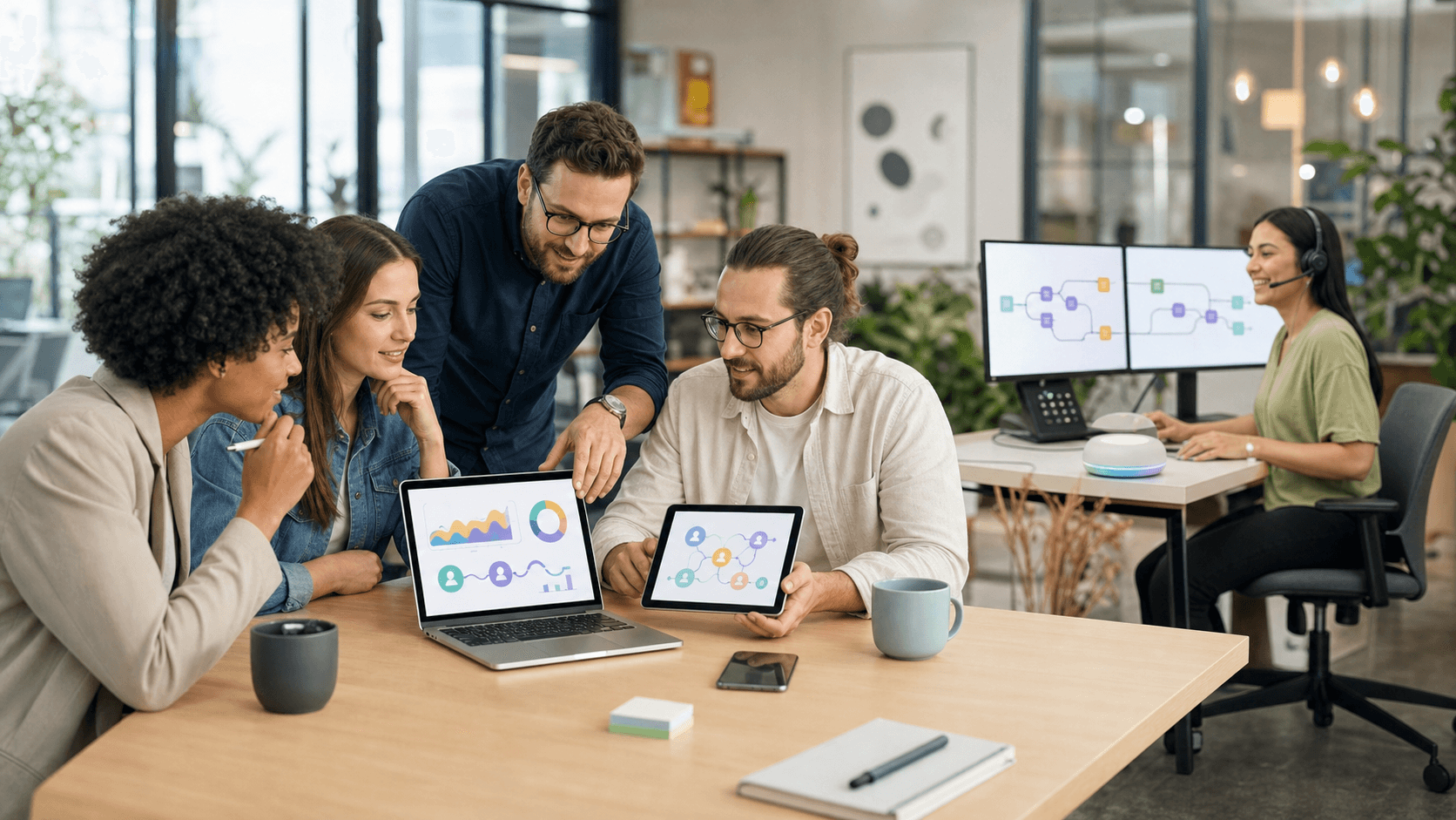 Blue-toned illustration of a laptop dashboard with connected icons and a smiling customer support chat bubble.